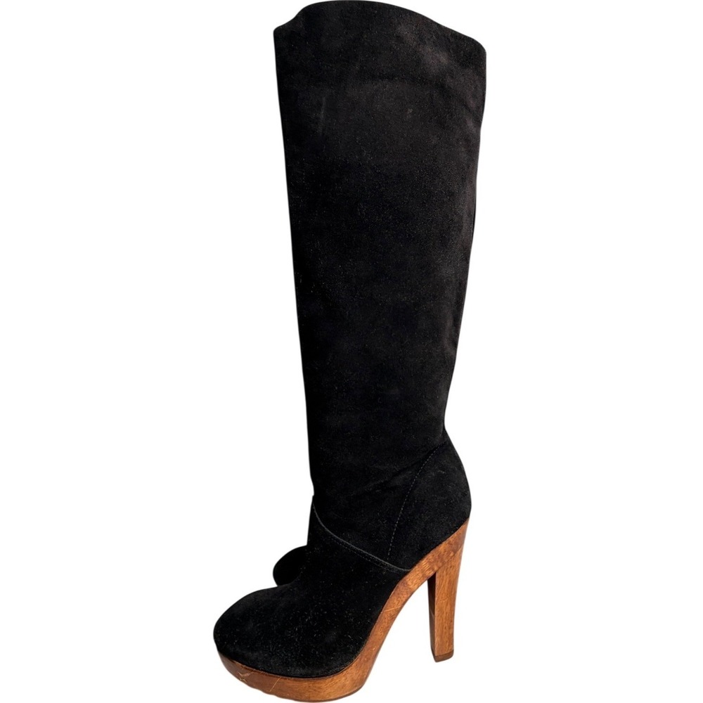 KORS Michael Kors Daria Knee High Suede Platform Boots Black‎ Wood Heel 7.5